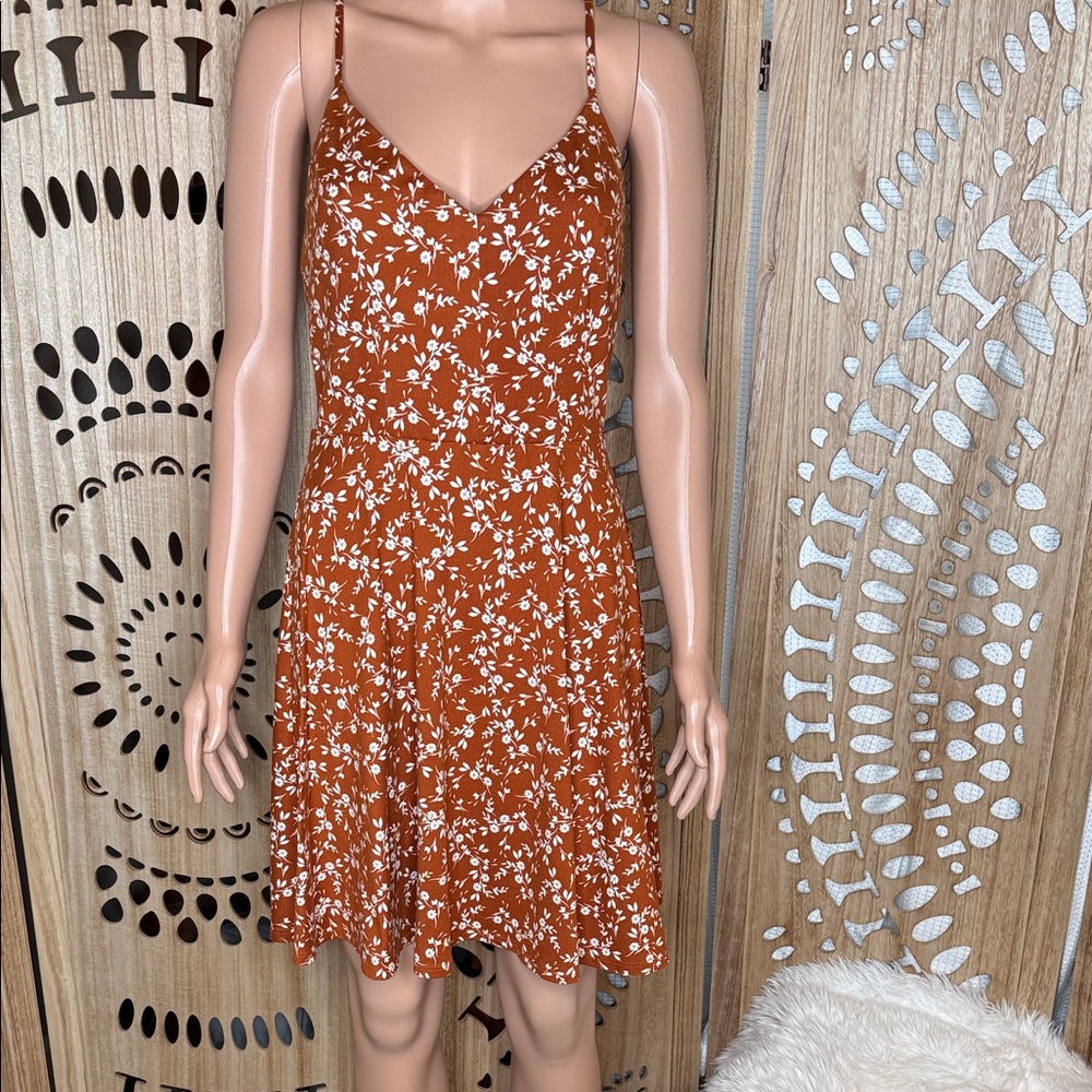 nine britton Rust Floral Spaghetti-Strap Mini Dress